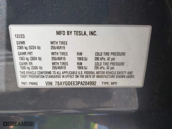 2023 Tesla Model Y Long Range with VIN 7SAYGDEE3PA204992, listed as a IAAI auction lot 41849104 with 22,490 mi miles. Bid and sale history available at carsss.com. Image 9.
