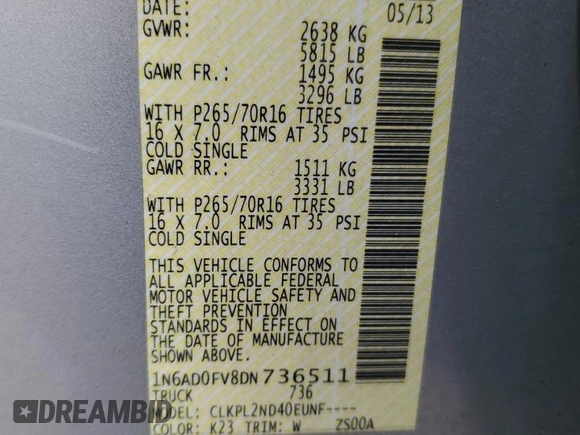 2013 Nissan Frontier SV with VIN 1N6AD0FV8DN736511, listed as a Copart auction lot 85214314 with 41,140 mi miles and Salvage title. Bid and sale history available at DreamBid. Image 14.