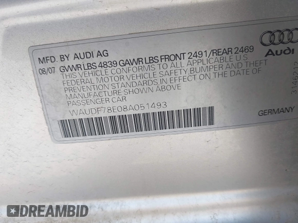 2008 Audi A4 2.0T with VIN WAUDF78E08A051493, listed as a IAAI auction lot 42659995 with 117,269 mi miles and . Bid and sale history available at DreamBid. Image 9.
