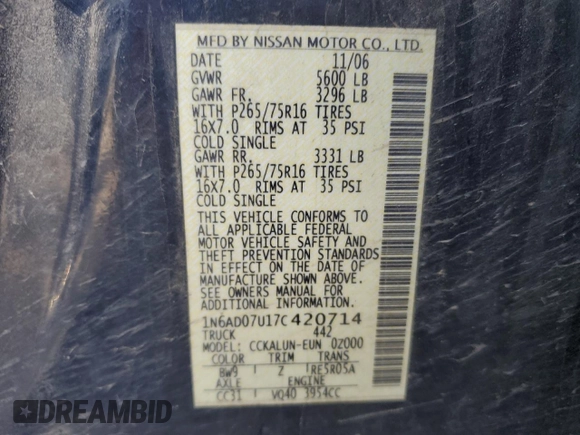 2007 Nissan Frontier Nismo with VIN 1N6AD07U17C420714, listed as a Copart auction lot 77338424 with 170,043 mi miles and Salvage title. Bid and sale history available at DreamBid. Image 12.