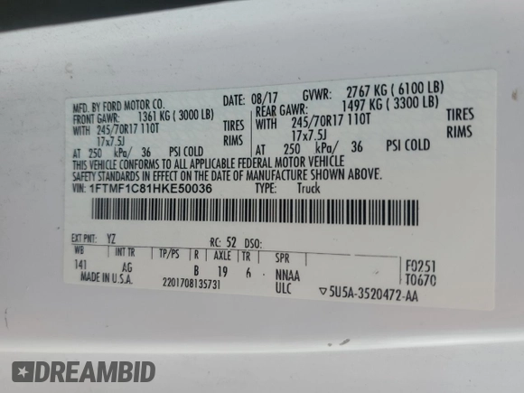 2017 Ford F-150 XL with VIN 1FTMF1C81HKE50036, listed as a Copart auction lot 50907875 with 88,064 mi miles and Salvage Title. Bid and sale history available at carsss.com. Image 12.