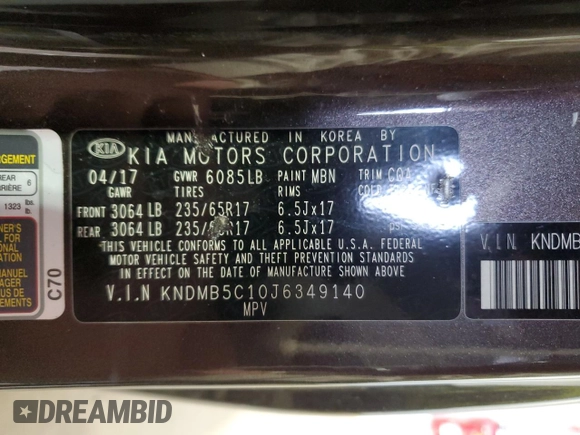 2018 Kia Sedona LX with VIN KNDMB5C10J6349140, listed as a Copart auction lot 48344455 with 103,222 mi miles and Clean Title. Bid and sale history available at carsss.com. Image 13.