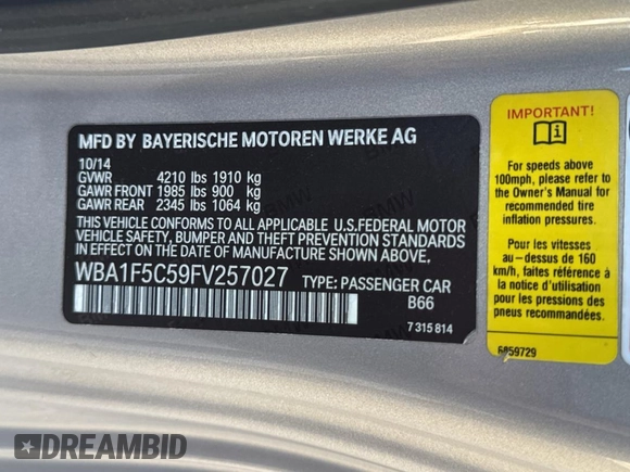 2015 BMW 2 Series 228i with VIN WBA1F5C59FV257027, listed as a Copart auction lot 62222855 with 113,383 mi miles and Clean title. Bid and sale history available at DreamBid. Image 10.