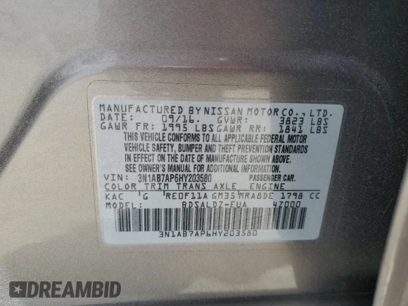 2017 Nissan Sentra SV with VIN 3N1AB7AP6HY203580, listed as a Copart auction lot 53507095 with 35,689 mi miles and Salvage Title. Bid and sale history available at carsss.com. Image 12.
