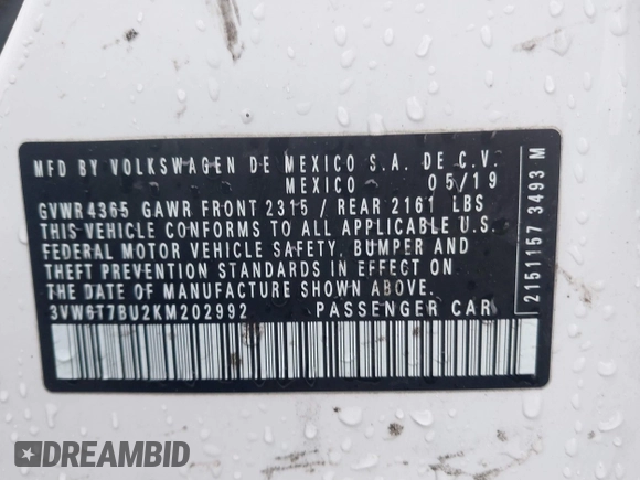 2019 Volkswagen Jetta GLI S z VIN 3VW6T7BU2KM202992, wystawiony jako IAAI lot #40896812 z przebiegiem 44 348 mil mil oraz . Historia ofert i sprzedaży dostępna na DreamBid. Obrazek 9.