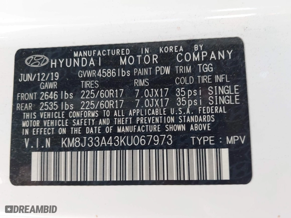2019 Hyundai Tucson Value with VIN KM8J33A43KU067973, listed as a IAAI auction lot 40122626 with 107,358 mi miles. Bid and sale history available at carsss.com. Image 9.