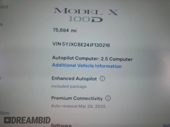 2018 Tesla Model X 75D with VIN 5YJXCBE24JF130216, listed as a Copart auction lot 48894215 with 75,694 mi miles and Salvage Title. Bid and sale history available at carsss.com. Image 9.
