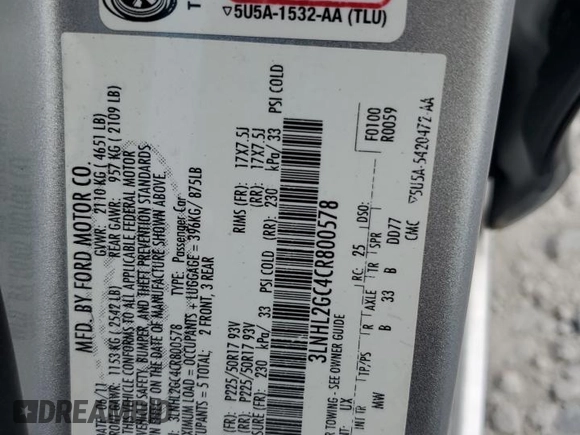 2012 Lincoln MKZ z VIN 3LNHL2GC4CR800578, wystawiony jako Copart lot #58409215 z przebiegiem 49 423 mil mil oraz Szkoda całkowita • Salvage title. Historia ofert i sprzedaży dostępna na DreamBid. Obrazek 12.
