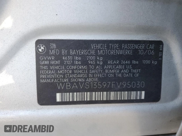 2007 BMW 3 Series 328i with VIN WBAVS13597FV95030, listed as a Copart auction lot 87953205 with 0 mi miles and Salvage Title. Bid and sale history available at carsss.com. Image 12.