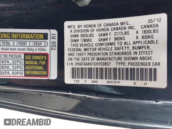 2012 Honda Civic Cpe Si with VIN 2HGFG4A51CH703857, listed as a IAAI auction lot 41484989 with 123,814 mi miles. Bid and sale history available at carsss.com. Image 9.