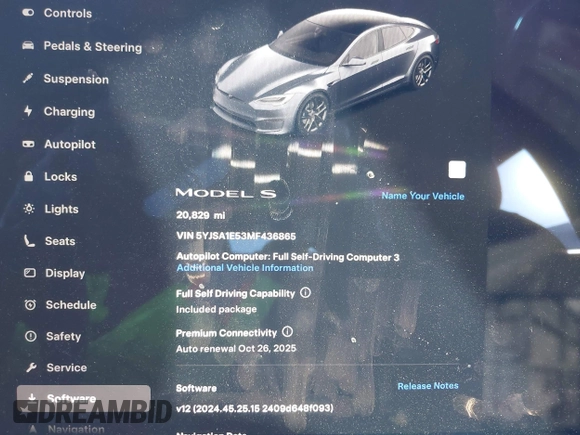 2021 Tesla Model S Long Range with VIN 5YJSA1E53MF436865, listed as a IAAI auction lot 41384837 with 20,829 mi miles and . Bid and sale history available at DreamBid. Image 7.
