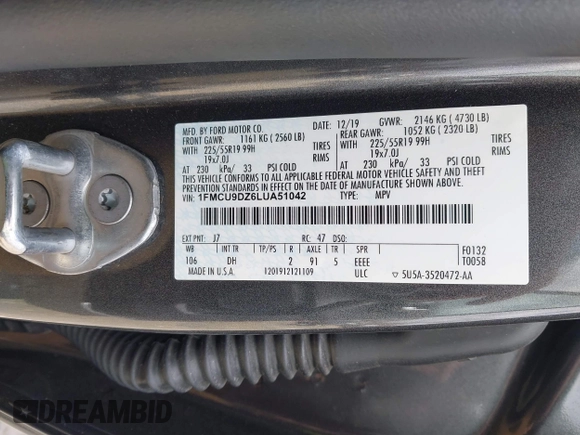 2020 Ford Escape Titanium Hybrid с VIN 1FMCU9DZ6LUA51042, выставлен на аукционе IAAI как лот 42041859 с пробегом 118 731 миль миль и . История ставок и продаж доступна на DreamBid. Изображение 9.