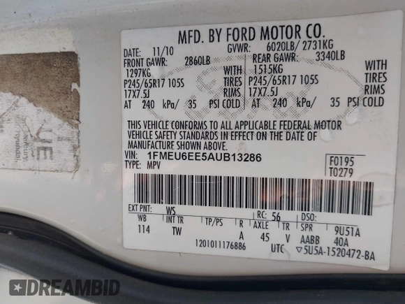 2010 Ford Explorer Eddie Bauer with VIN 1FMEU6EE5AUB13286, listed as a IAAI auction lot 41737633 with 207,341 mi miles. Bid and sale history available at carsss.com. Image 9.