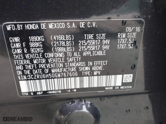 2016 Honda HR-V EX with VIN 3CZRU6H50GM767606, listed as a IAAI auction lot 41942651 with 143,332 mi miles. Bid and sale history available at carsss.com. Image 9.