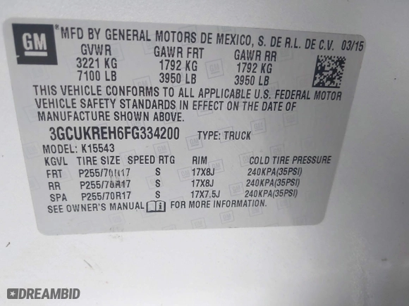 2015 Chevrolet Silverado 1500 LT with VIN 3GCUKREH6FG334200, listed as a IAAI auction lot 41953563 with 201,177 mi miles. Bid and sale history available at carsss.com. Image 9.