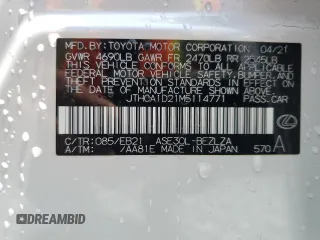 2021 Lexus IS 300 z VIN JTHCA1D21M5114771, wystawiony jako Copart lot #56099775 z przebiegiem 47 640 mil mil oraz Nie do naprawy • Non repairable. Historia ofert i sprzedaży dostępna na DreamBid. Obrazek 12.