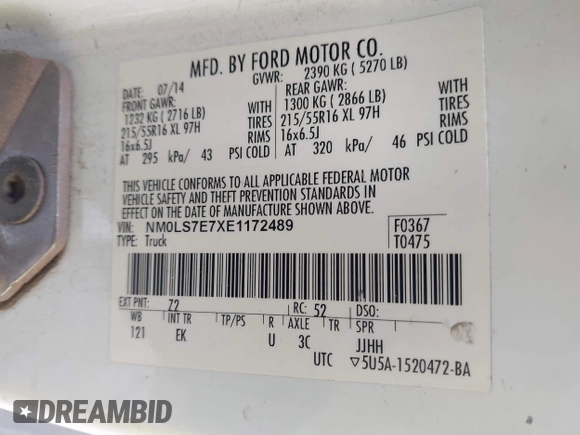 2014 Ford Transit Connect XL with VIN NM0LS7E7XE1172489, listed as a IAAI auction lot 41948145 with 101,953 mi miles and . Bid and sale history available at DreamBid. Image 9.