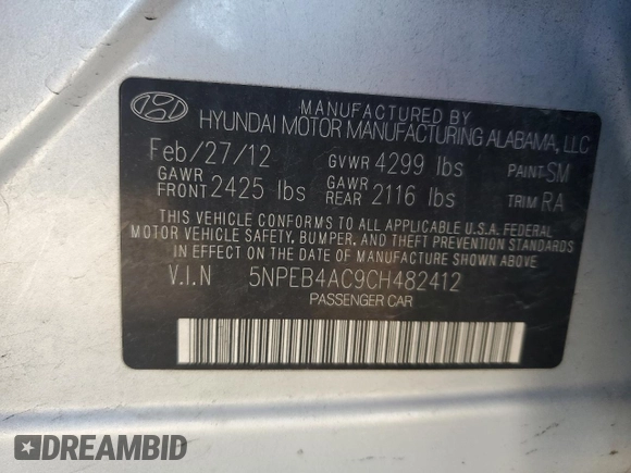 2012 Hyundai Sonata GLS with VIN 5NPEB4AC9CH482412, listed as a Copart auction lot 51646775 with 219,319 mi miles and Salvage Title. Bid and sale history available at carsss.com. Image 12.