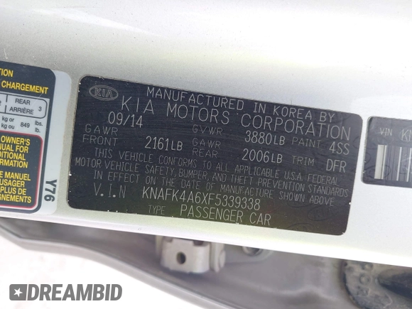 2015 Kia Forte LX with VIN KNAFK4A6XF5339338, listed as a IAAI auction lot 41887512 with 113,993 mi miles and . Bid and sale history available at carsss.com. Image 9.