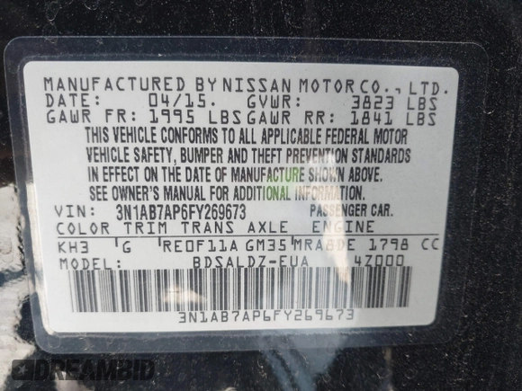 2015 Nissan Sentra SV with VIN 3N1AB7AP6FY269673, listed as a IAAI auction lot 42229187 with 100,977 mi miles and . Bid and sale history available at DreamBid. Image 9.