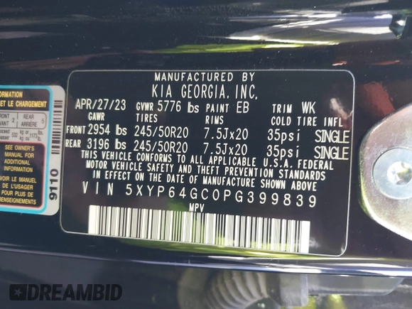 2023 Kia Telluride S with VIN 5XYP64GC0PG399839, listed as a IAAI auction lot 41078811 with 41,993 mi miles and . Bid and sale history available at DreamBid. Image 9.
