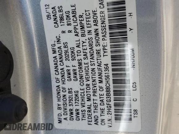 2012 Honda Civic Cpe EX with VIN 2HGFG3B88CH561364, listed as a Copart auction lot 72280644 with 233,427 mi miles and Salvage Title. Bid and sale history available at carsss.com. Image 14.