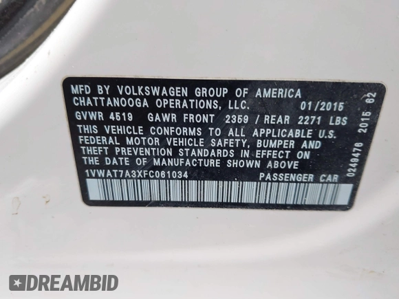 2015 Volkswagen Passat 1.8T Limited Edition with VIN 1VWAT7A3XFC061034, listed as a IAAI auction lot 41730463 with 104,323 mi miles. Bid and sale history available at carsss.com. Image 9.