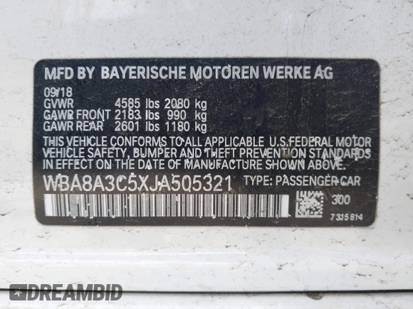 2018 BMW 3 Series 320i xDrive with VIN WBA8A3C5XJA505321, listed as a IAAI auction lot 42146927 with 47,547 mi miles and . Bid and sale history available at DreamBid. Image 9.