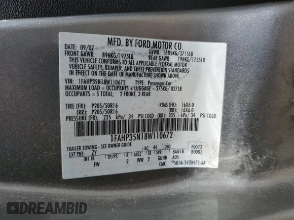 2008 Ford Focus SE with VIN 1FAHP35N18W110672, listed as a Copart auction lot 52005395 with 225,311 mi miles and Salvage Title. Bid and sale history available at carsss.com. Image 12.