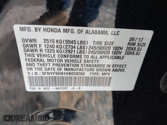 2017 Honda Pilot Touring with VIN 5FNYF5H91HB038268, listed as a IAAI auction lot 42786448 with 62,195 mi miles and . Bid and sale history available at DreamBid. Image 9.