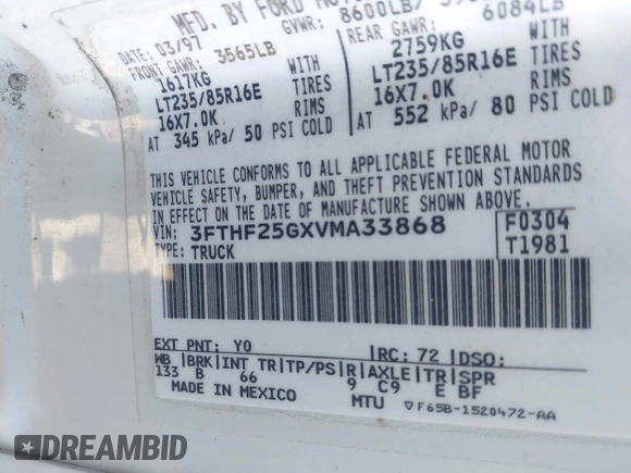 1997 Ford F-250 with VIN 3FTHF25GXVMA33868, listed as a IAAI auction lot 41446618 with Not provided miles and . Bid and sale history available at DreamBid. Image 9.