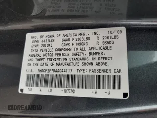 2010 Honda Accord EX with VIN 1HGCP2F70AA044117, listed as a Copart auction lot 62637105 with 105,642 mi miles and Salvage title. Bid and sale history available at DreamBid. Image 13.