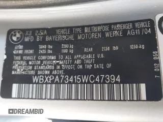 2005 BMW X3 2.5i with VIN WBXPA73415WC47394, listed as a IAAI auction lot 41481109 with 152,903 mi miles. Bid and sale history available at carsss.com. Image 9.