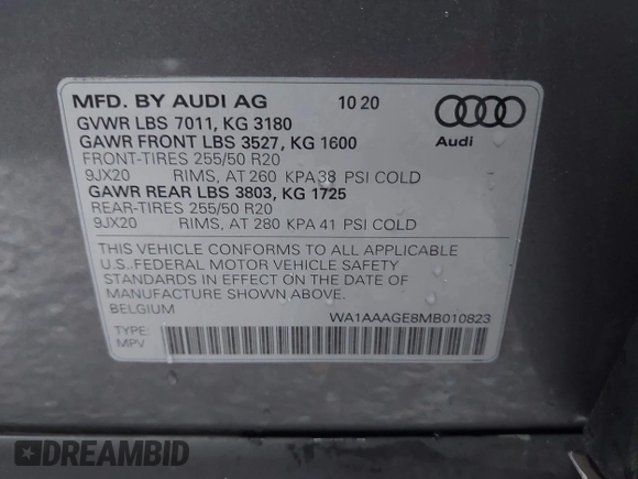 2021 Audi e-tron Premium with VIN WA1AAAGE8MB010823, listed as a IAAI auction lot 41254590 with 21,171 mi miles. Bid and sale history available at carsss.com. Image 9.