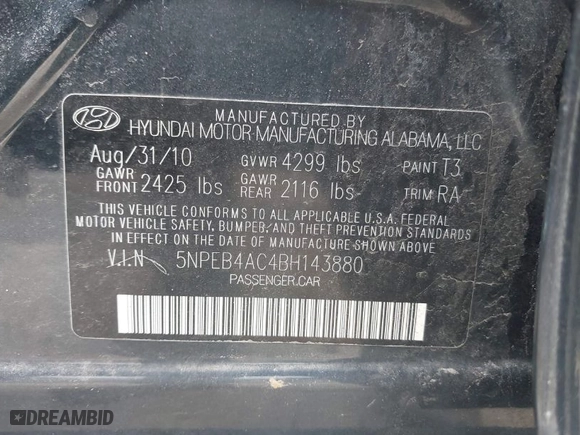 2011 Hyundai Sonata GLS with VIN 5NPEB4AC4BH143880, listed as a IAAI auction lot 41956169 with 183,269 mi miles. Bid and sale history available at carsss.com. Image 9.