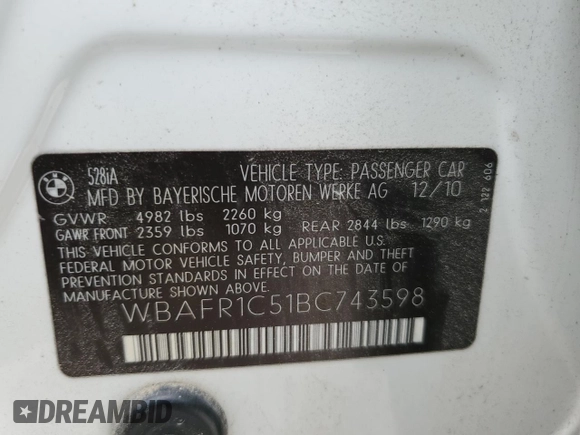 2011 BMW 5 Series 528i with VIN WBAFR1C51BC743598, listed as a Copart auction lot 53616355 with 176,609 mi miles and Clean Title. Bid and sale history available at carsss.com. Image 12.