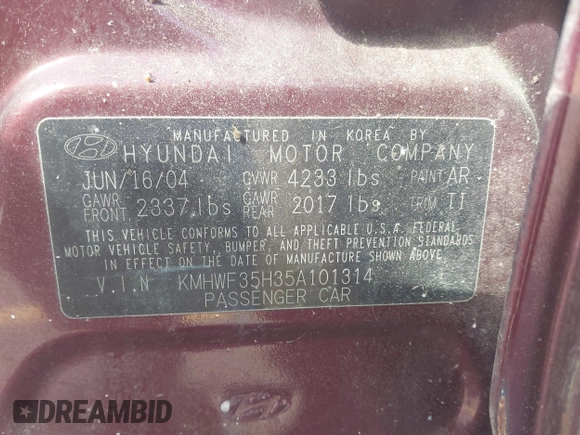 2005 Hyundai Sonata GLS with VIN KMHWF35H35A101314, listed as a IAAI auction lot 41874416 with 156,958 mi miles. Bid and sale history available at carsss.com. Image 9.
