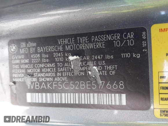 2011 BMW 3 Series 328i xDrive with VIN WBAKF5C52BE517668, listed as a IAAI auction lot 42292360 with 127,265 mi miles and . Bid and sale history available at DreamBid. Image 9.