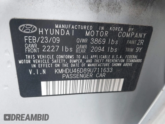 2009 Hyundai Elantra SE z VIN KMHDU46D89U711633, wystawiony jako IAAI lot #42239722 z przebiegiem 156 270 mil mil oraz . Historia ofert i sprzedaży dostępna na DreamBid. Obrazek 6.