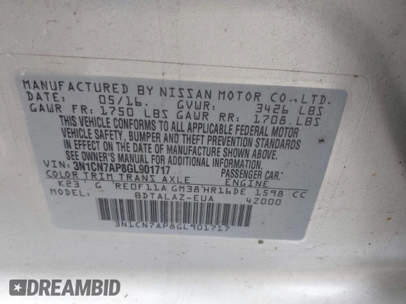 2016 Nissan Versa S с VIN 3N1CN7AP8GL901717, выставлен на аукционе IAAI как лот 42320522 с пробегом 112 085 миль миль и . История ставок и продаж доступна на DreamBid. Изображение 9.