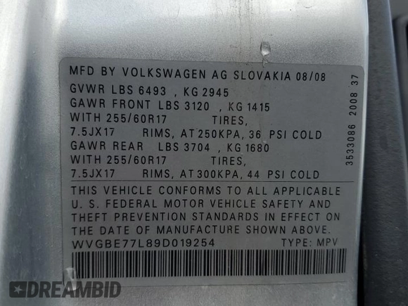 2009 Volkswagen Touareg VR6 с VIN WVGBE77L89D019254, выставлен на аукционе Copart как лот 48583485 с пробегом 101 487 миль миль и Чистый • Clean title. История ставок и продаж доступна на DreamBid. Изображение 13.