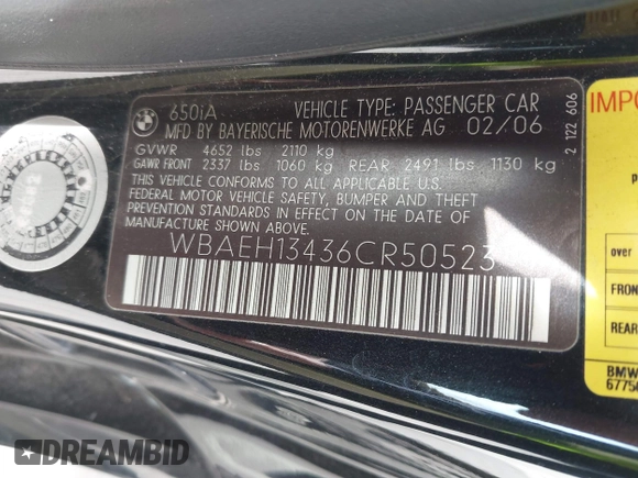 2006 BMW 6 Series 650Ci with VIN WBAEH13436CR50523, listed as a IAAI auction lot 42046873 with 111,765 mi miles. Bid and sale history available at carsss.com. Image 9.