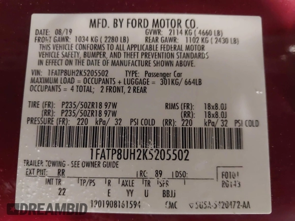 2019 Ford Mustang EcoBoost with VIN 1FATP8UH2K5205502, listed as a IAAI auction lot 41817355 with 42,789 mi miles and . Bid and sale history available at carsss.com. Image 9.