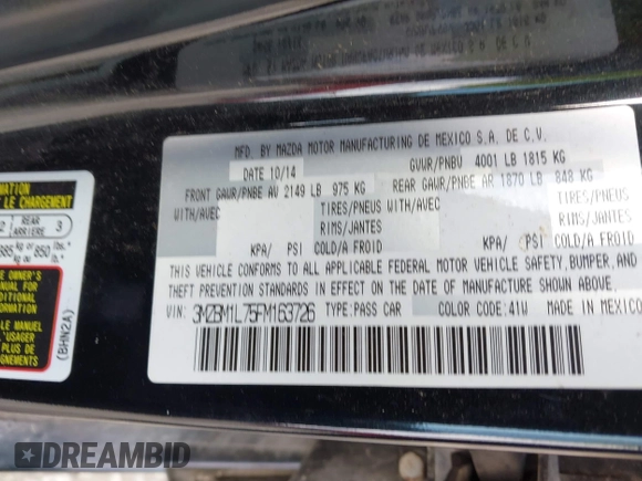 2015 Mazda 3 i Touring with VIN 3MZBM1L75FM163726, listed as a IAAI auction lot 42671433 with 52,131 mi miles and . Bid and sale history available at DreamBid. Image 9.
