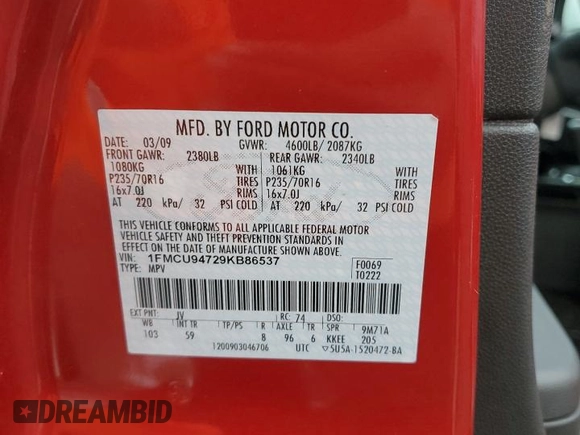 2009 Ford Escape Limited с VIN 1FMCU94729KB86537, выставлен на аукционе Copart как лот 84950854 с пробегом 119 894 миль миль и Списание • Salvage title. История ставок и продаж доступна на DreamBid. Изображение 13.