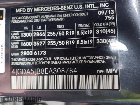 2014 Mercedes-Benz M 350 with VIN 4JGDA5JB8EA308784, listed as a IAAI auction lot 41766044 with 80,594 mi miles and . Bid and sale history available at DreamBid. Image 9.