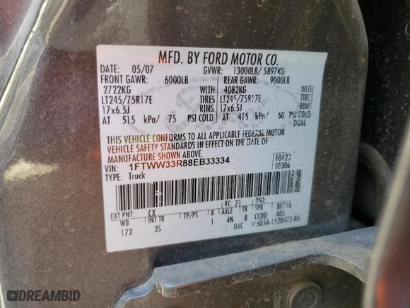 2008 Ford Super Duty F-350 DRW XL with VIN 1FTWW33R88EB33334, listed as a Copart auction lot 47575965 with 219,596 mi miles and Salvage Title. Bid and sale history available at carsss.com. Image 12.