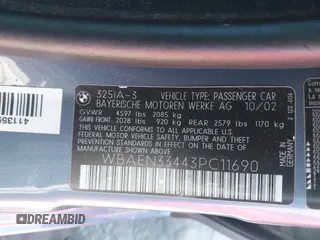 2003 BMW 3 Series 325i with VIN WBAEN33443PC11690, listed as a IAAI auction lot 41939082 with 159,123 mi miles. Bid and sale history available at carsss.com. Image 9.