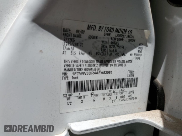 2010 Ford F-350 XL z VIN 1FTWW3DR4AEA53081, wystawiony jako Copart lot #67385594 z przebiegiem 190 666 mil mil oraz Szkoda całkowita • Salvage title. Historia ofert i sprzedaży dostępna na DreamBid. Obrazek 13.
