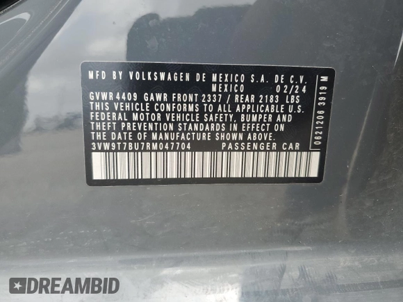 2024 Volkswagen Jetta GLI 40th Anniversary Edition with VIN 3VW9T7BU7RM047704, listed as a Copart auction lot 69902454 with 10,885 mi miles and Salvage title. Bid and sale history available at DreamBid. Image 12.